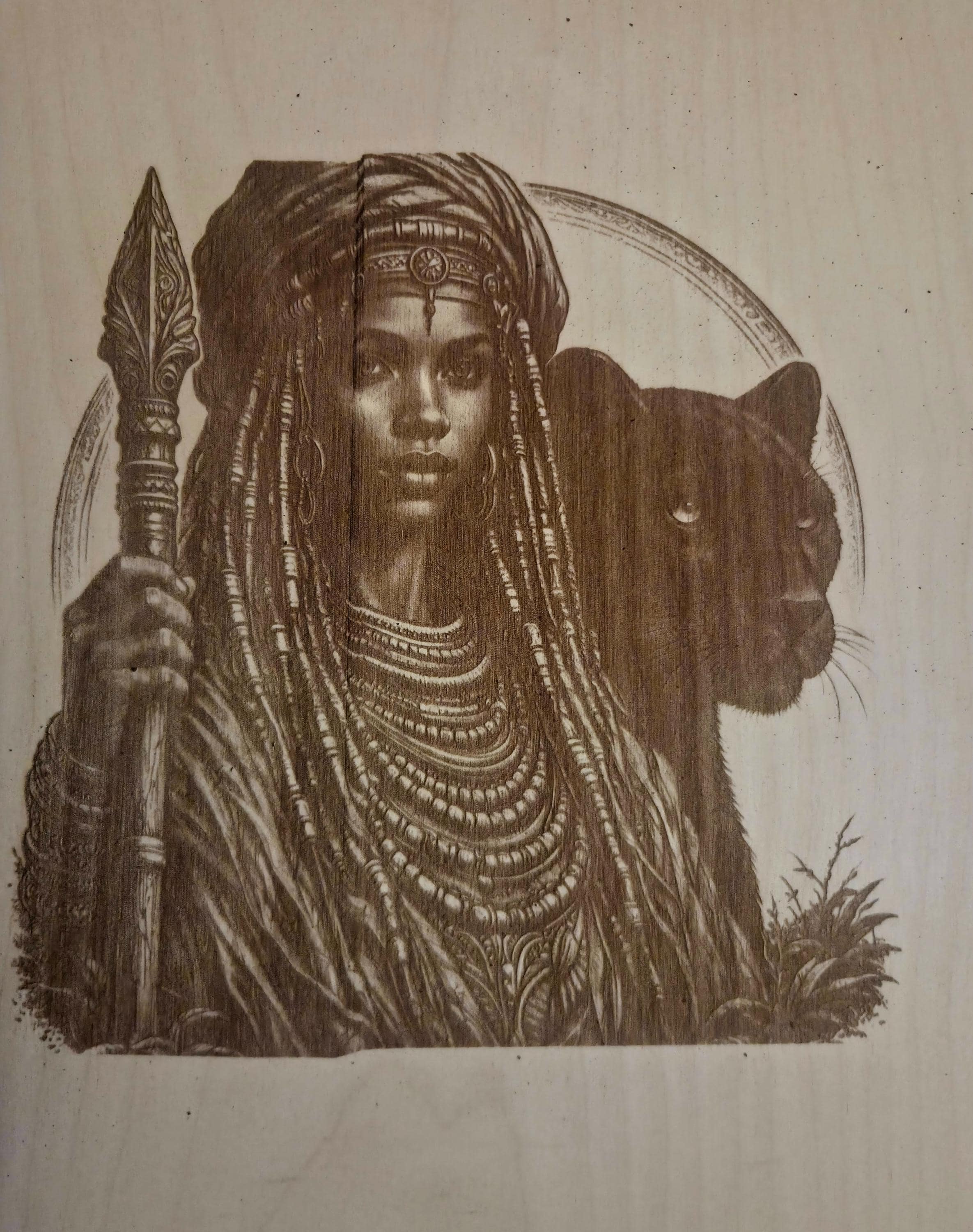 African Warrior Panther Wood Engraving | 16x12 Tribal Wall Art, Black Heritage Decor