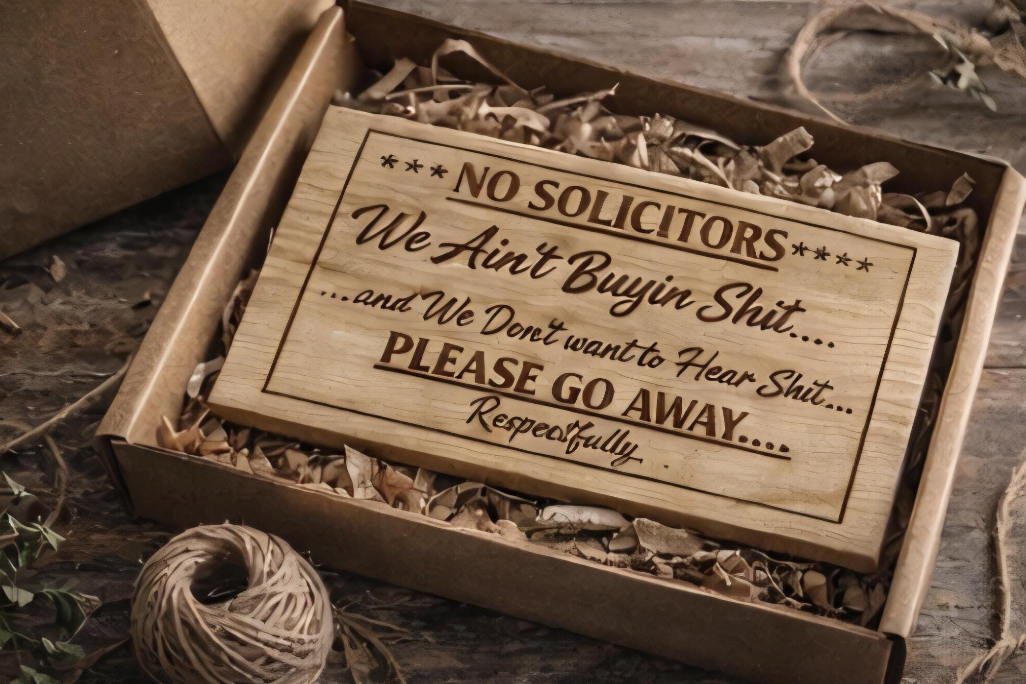 Funny No Soliciting Sign 10x5 | Offensive Door Sign | We Ain’t Buyin Sh*t | Rustic Wood Engraved Sign | Funny Front Door Decor | Housewarmin