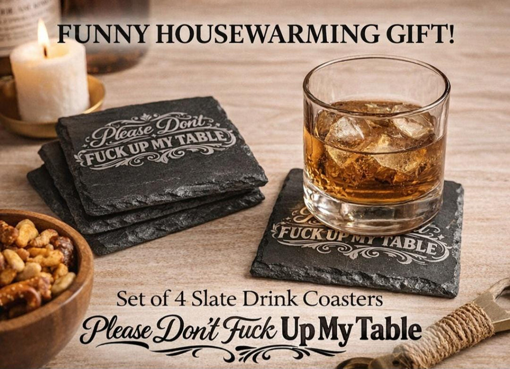 Set of 4 Slate Drink Coasters | Funny Housewarming Gift, Bar Decor