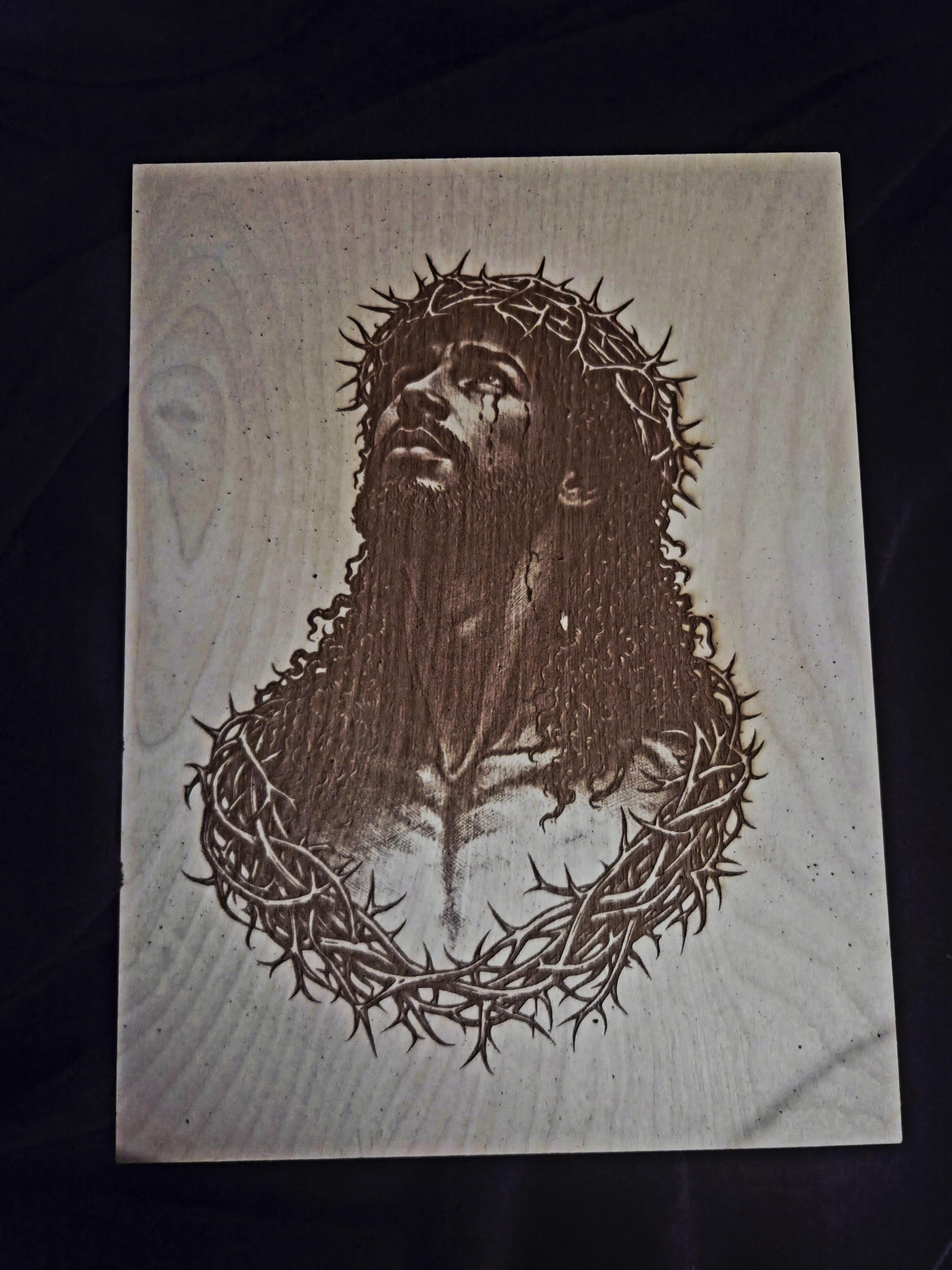 Black Jesus Wood Engraving | Crown of Thorns Portrait | Christian Faith Wall Art (16x12)