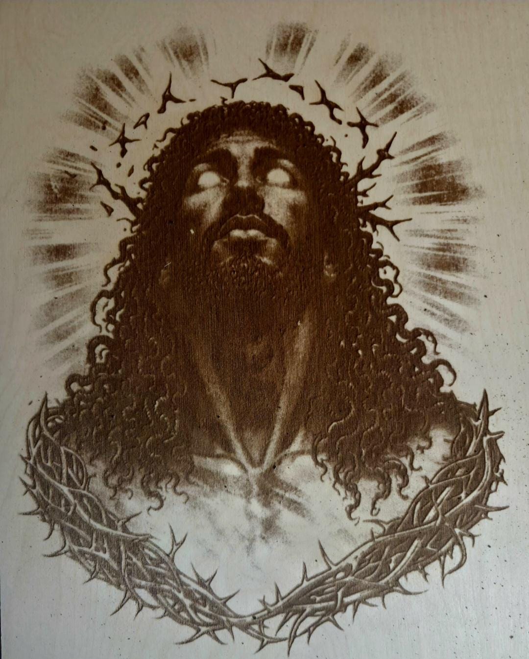 Black Jesus Wood Engraving | Crown of Thorns Faith Art (16x12")
