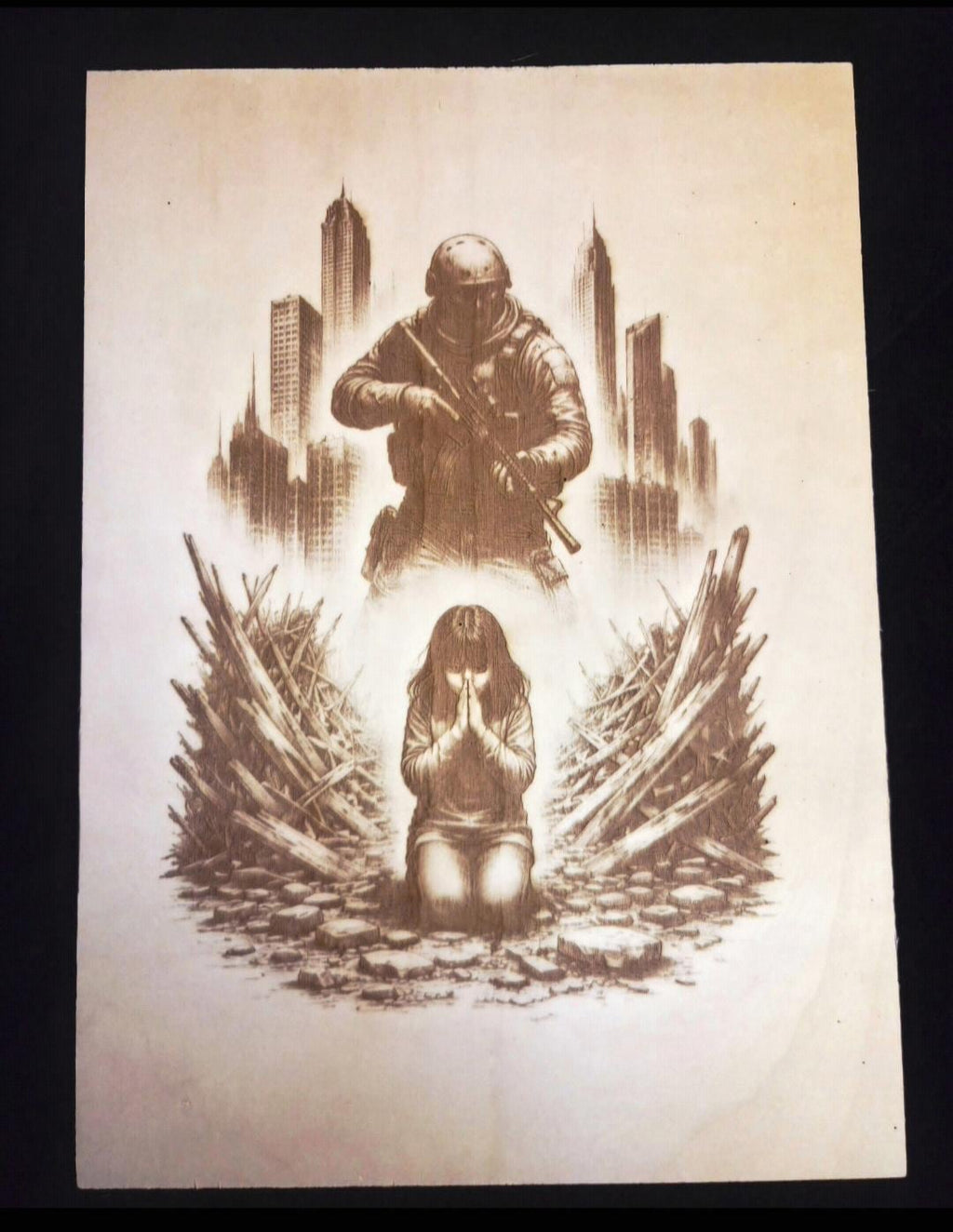 Spiritual Warfare Wall Art – Faith vs Fear Engraved Wood Panel – Prayer in Chaos – Christian Art – 16x12 Religious Wall Decor – Strength Thr