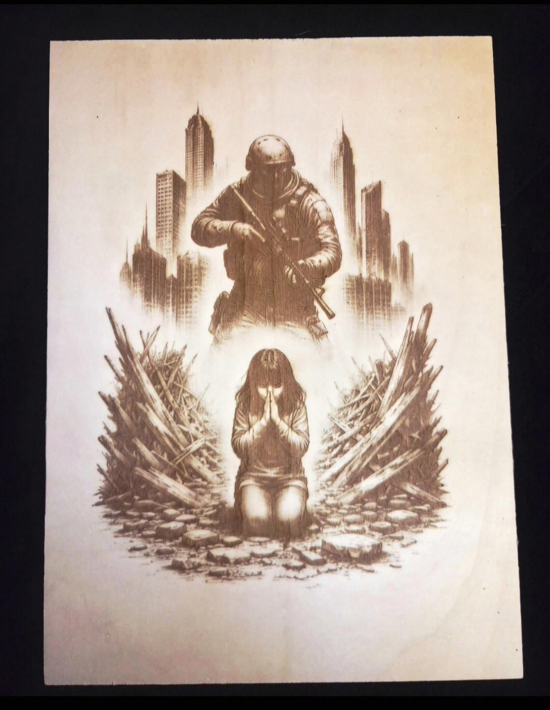 Spiritual Warfare Wall Art – Faith vs Fear Engraved Wood Panel – Prayer in Chaos – Christian Art – 16x12 Religious Wall Decor – Strength Thr