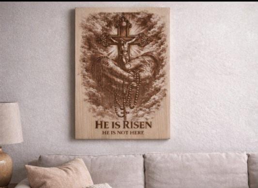 He Is Risen Engraved Wood Cross Art | Christian Faith Wall Decor (16x12)