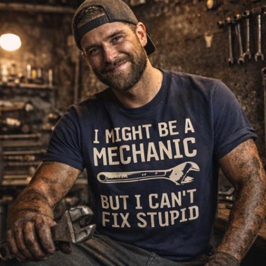 Funny Mechanic Shirt – I Might Be A Mechanic But I Can’t Fix Stupid. – Wrench Humor Tee – Garage Shirt – Gift for Him – Handyman Shirt
