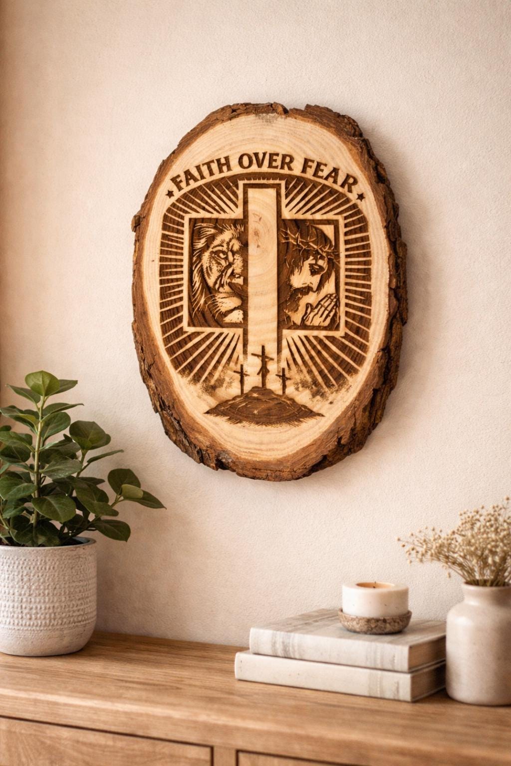 Faith Over Fear Engraved Wood Slice | Christian Cross Wall Decor, Lion, Jesus, Rustic Sign