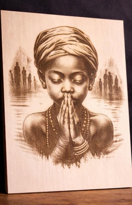 African Child Prayer Wood Engraving | 11x8 Handmade Laser Engraved Wall Art | Spiritual Black Art | Strength of the Anointed Series Panel II