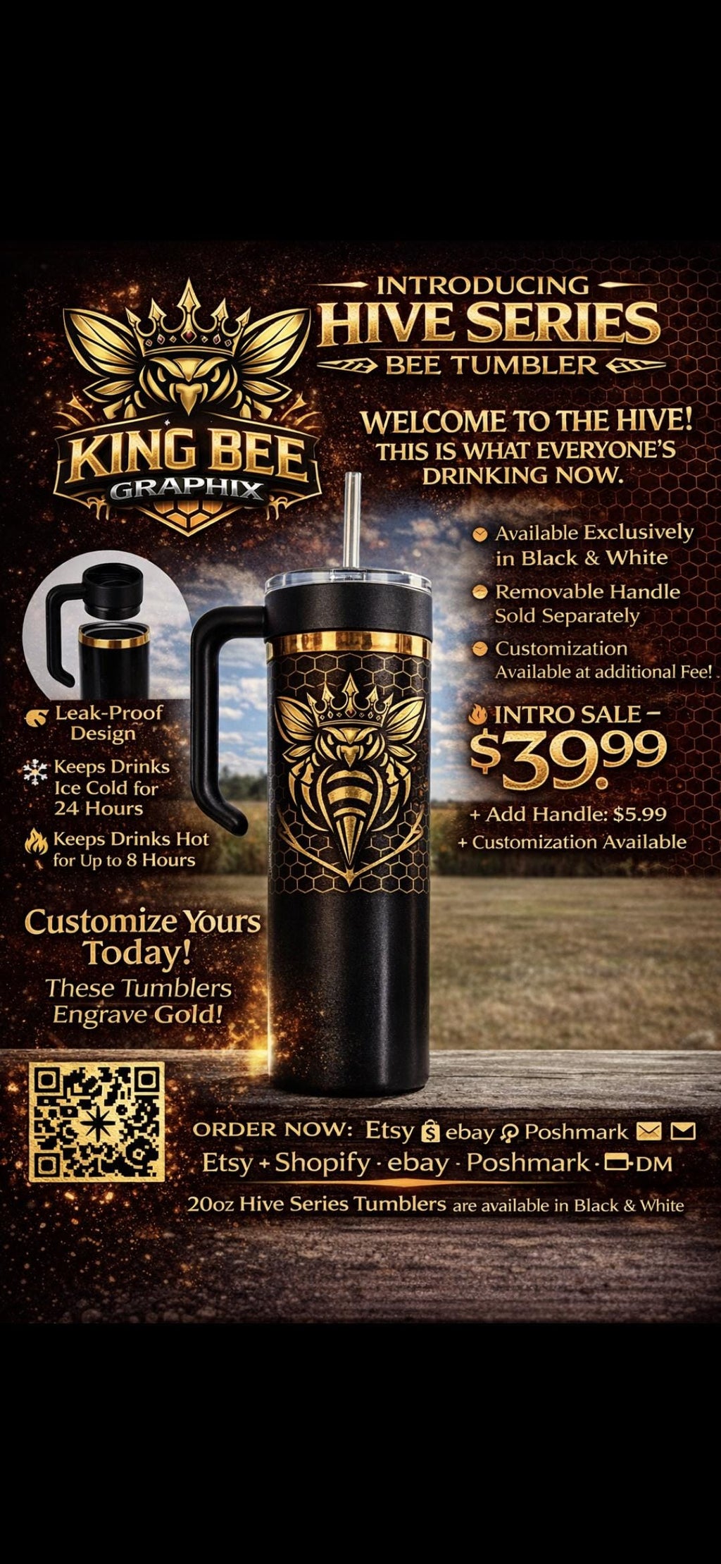 20oz Skinny Tumbler with Handle | Gold Series Custom Engraved Gold Tumbler | Leak Proof Travel Mug | Personalized | King BEE TUMBLER