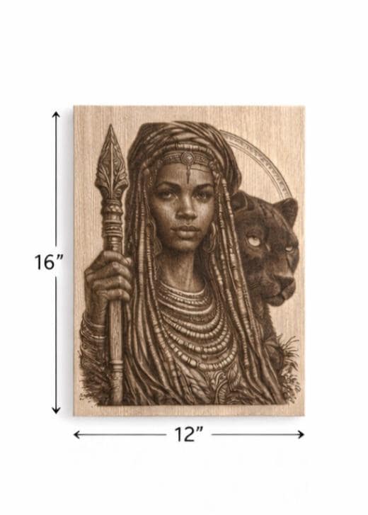African Warrior Panther Wood Engraving | 16x12 Tribal Wall Art, Black Heritage Decor