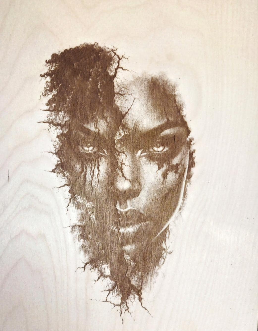Fractured Beauty – African American Wall Art | 16x12 Laser Engraved Wood Panel | Black Woman Portrait | Emotional Art Decor