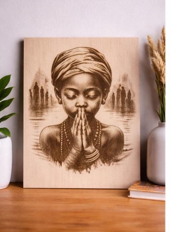 African Child Prayer Wood Engraving | 11x8 Handmade Laser Engraved Wall Art | Spiritual Black Art | Strength of the Anointed Series Panel II