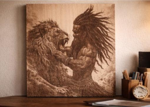Samson vs Lion Engraved Wood Art | 16x12 Biblical Strength Wall Decor | African Heritage Piece