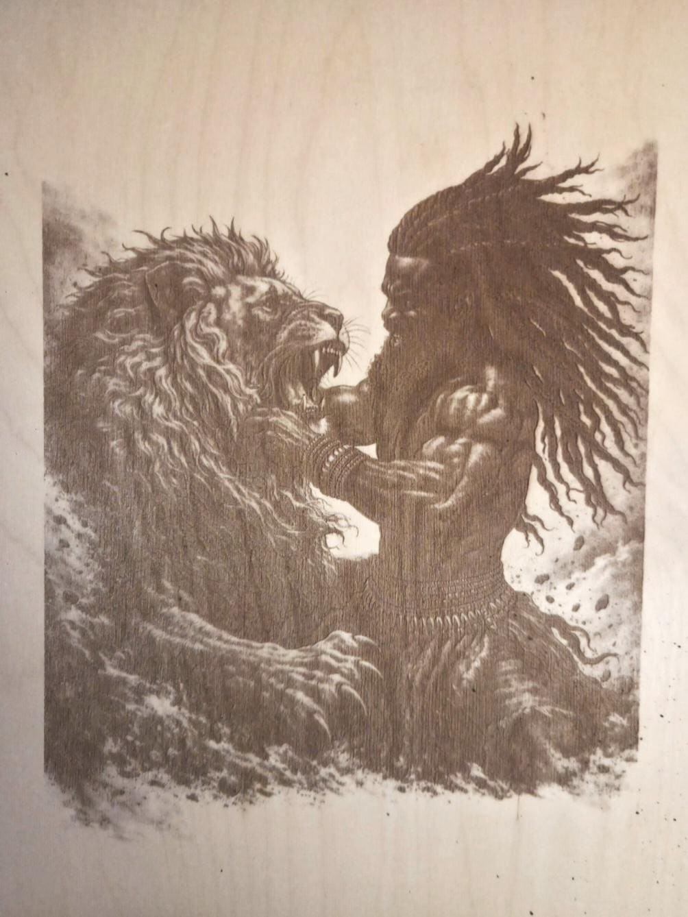 Samson vs Lion Engraved Wood Art | 16x12 Biblical Strength Wall Decor | African Heritage Piece