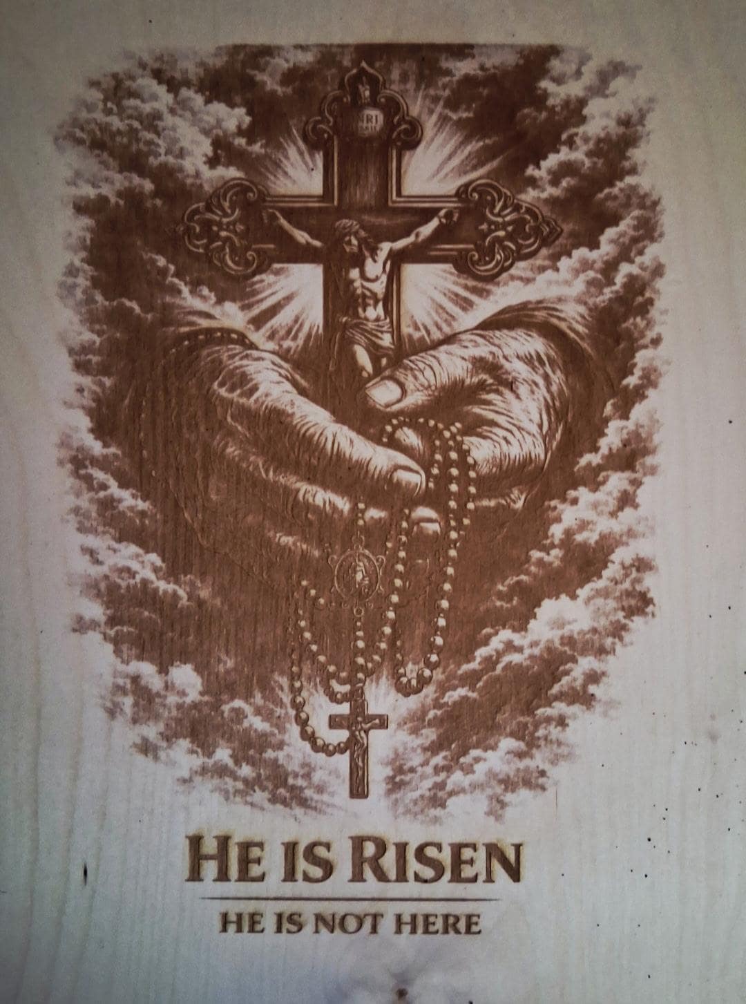 He Is Risen Engraved Wood Cross Art | Christian Faith Wall Decor (16x12)