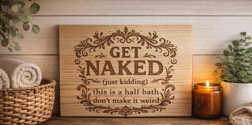 Funny Bathroom Sign – “Get Naked (Just Kidding)” Engraved Wood Sign – Guest Bathroom Humor – Rustic Farmhouse Bathroom Decor – Half Bath Wal
