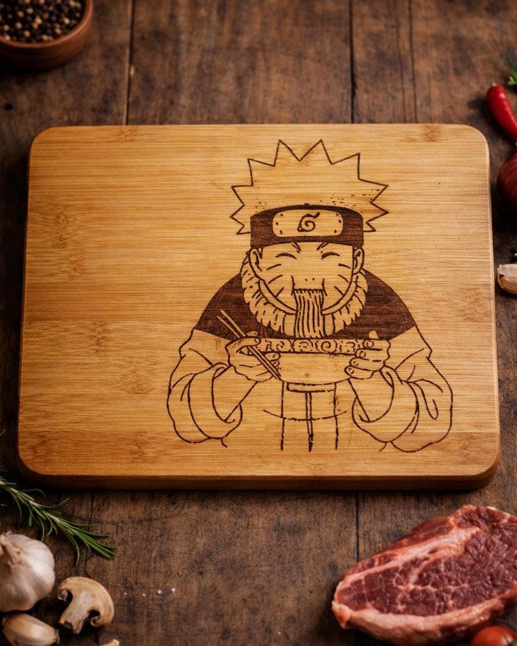 Wooden cutting board with a engraved design of a character eating ramen on a wooden surface with ingredients.