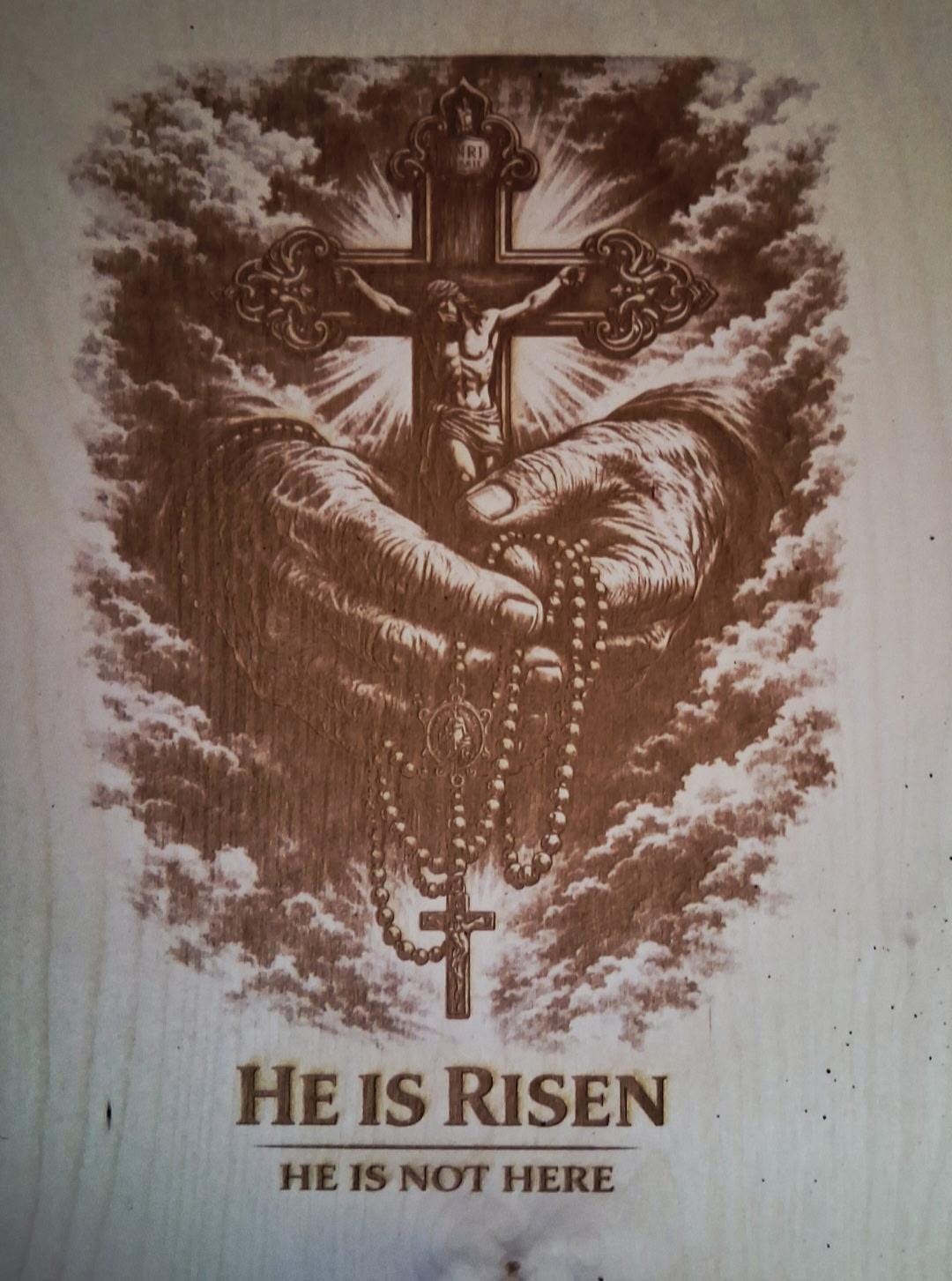 He Is Risen Engraved Wood Cross Art | Christian Faith Wall Decor (16x12)