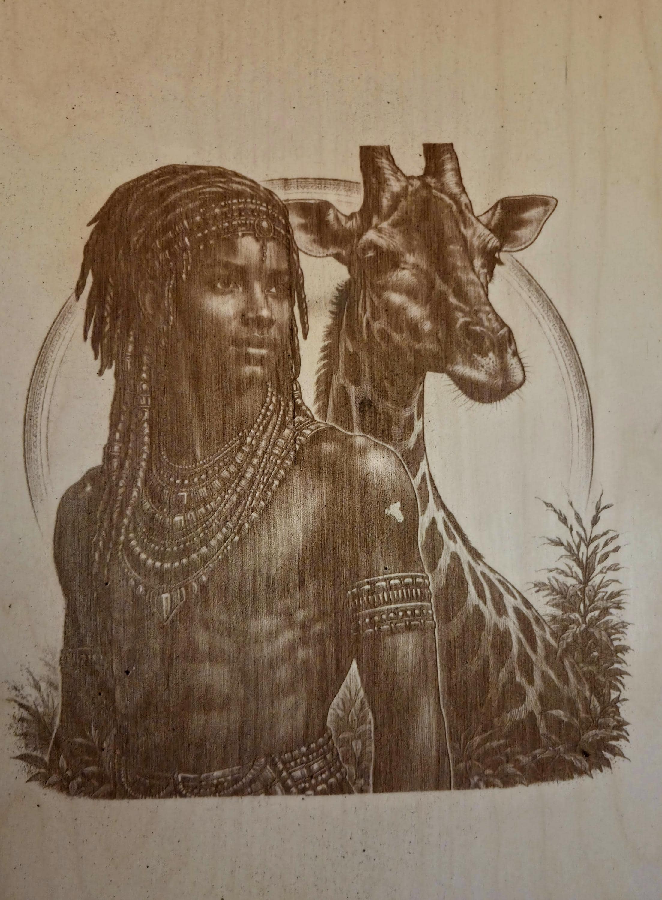 African Warrior Giraffe Wood Engraving | 16x12 Tribal Wall Art, Black Heritage Decor