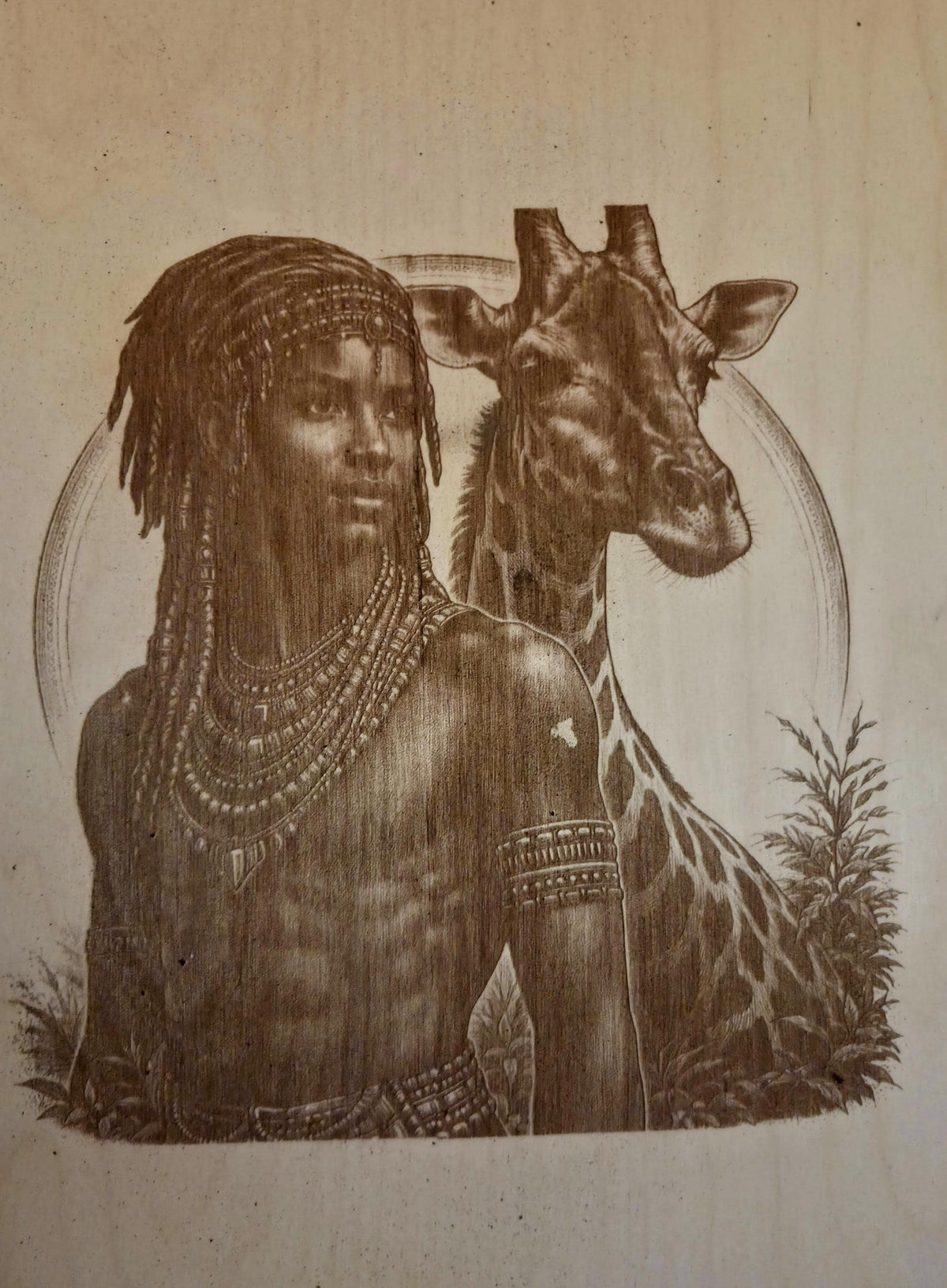 African Warrior Giraffe Wood Engraving | 16x12 Tribal Wall Art, Black Heritage Decor
