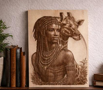 African Warrior Giraffe Wood Engraving | 16x12 Tribal Wall Art, Black Heritage Decor