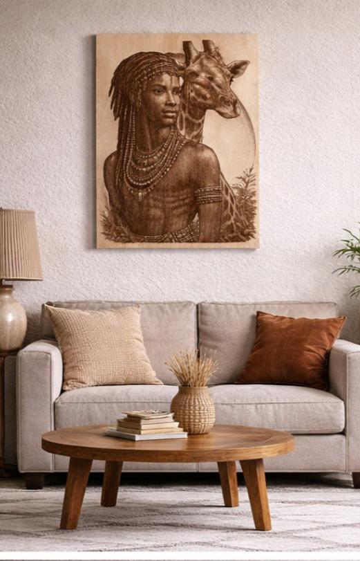African Warrior Giraffe Wood Engraving | 16x12 Tribal Wall Art, Black Heritage Decor