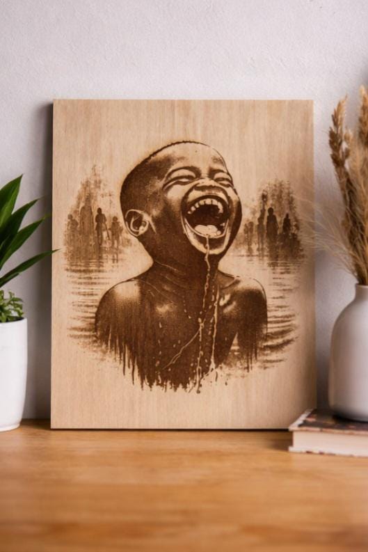 African Child Joy Wood Engraving | 11x8 Laser Engraved Wall Art, Emotional Black Art
