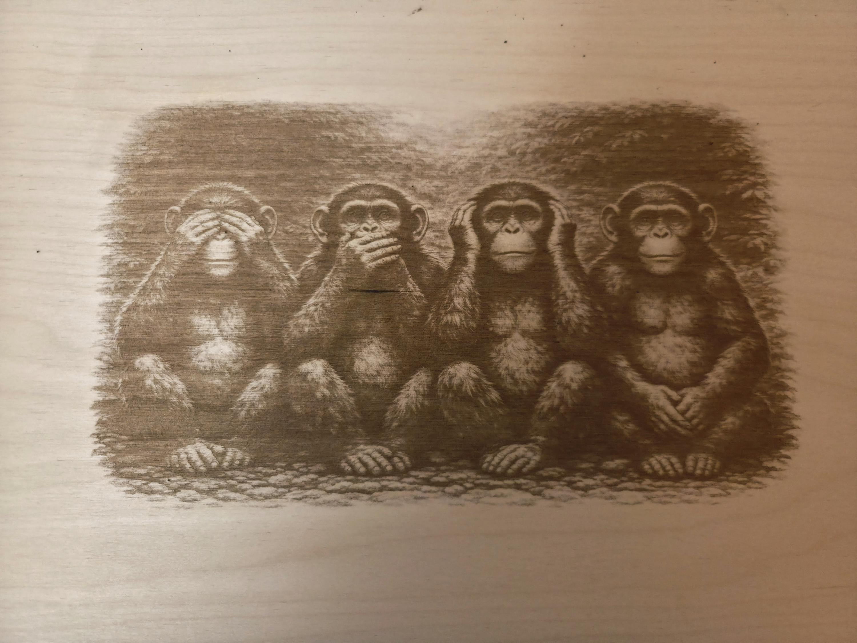 Engraved Wood Panel Art | See No Evil Monkeys, Office Decor (16x12)