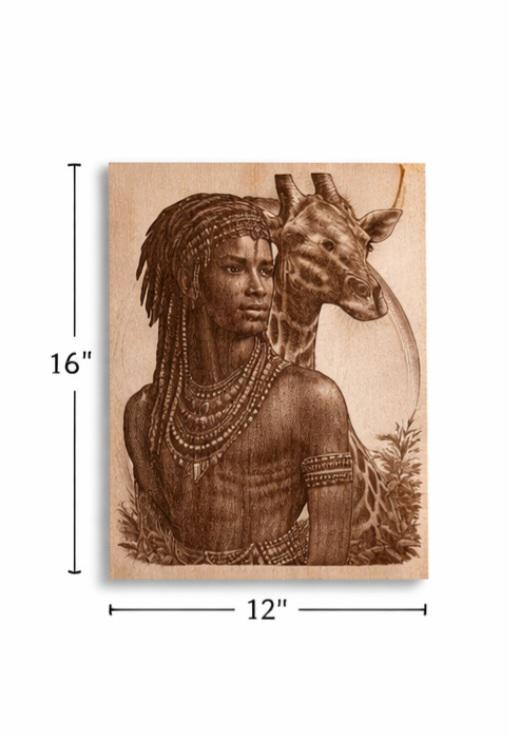 African Warrior Giraffe Wood Engraving | 16x12 Tribal Wall Art, Black Heritage Decor