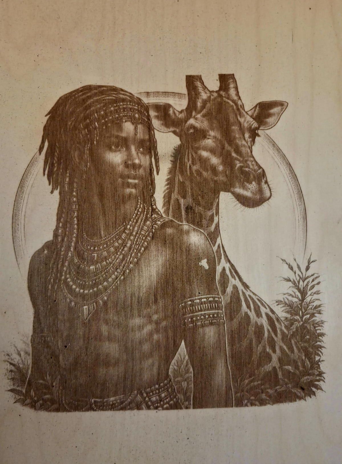 African Warrior Giraffe Wood Engraving | 16x12 Tribal Wall Art, Black Heritage Decor