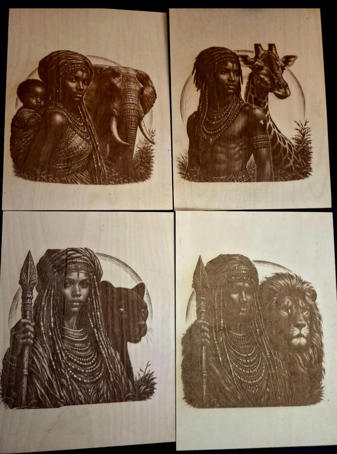 African Warrior Wood Engraving Set | 16x12 Handcrafted Wall Art (4 Panels)