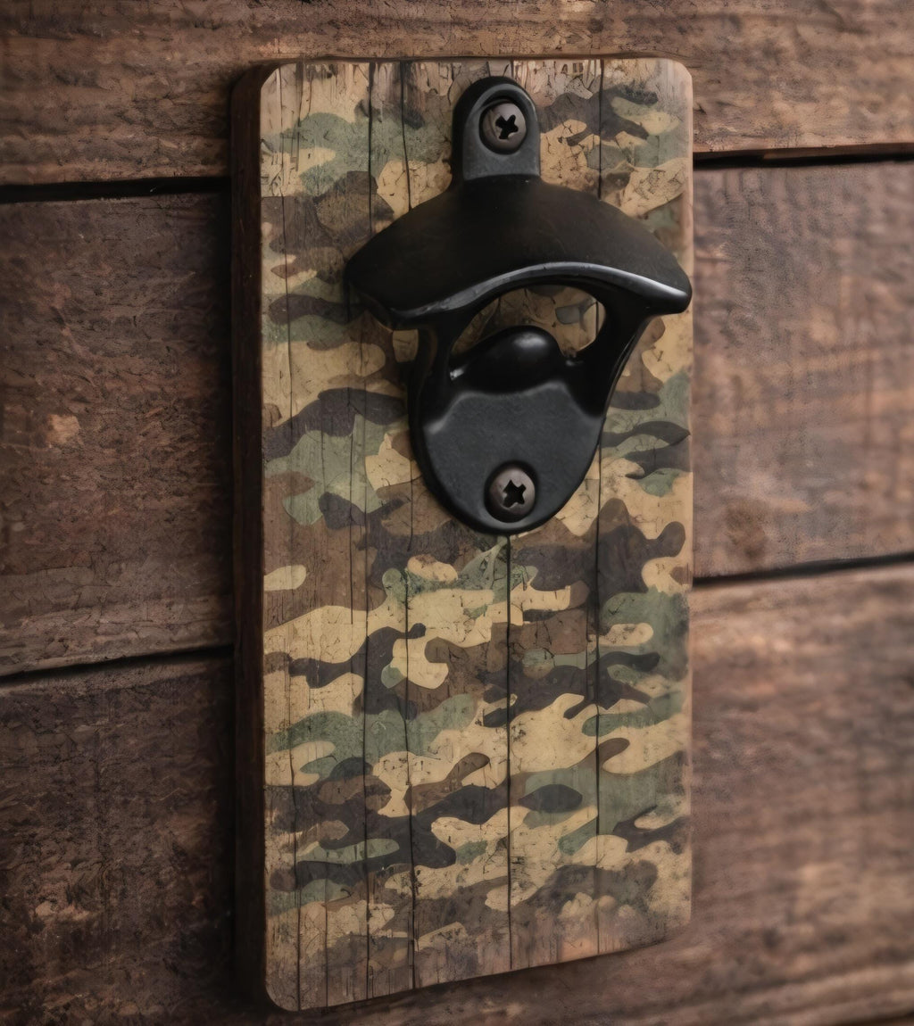 Wall Mounted Camo Bottle Opener | Rustic Beer Opener, Man Cave Decor (8" x 3.5")