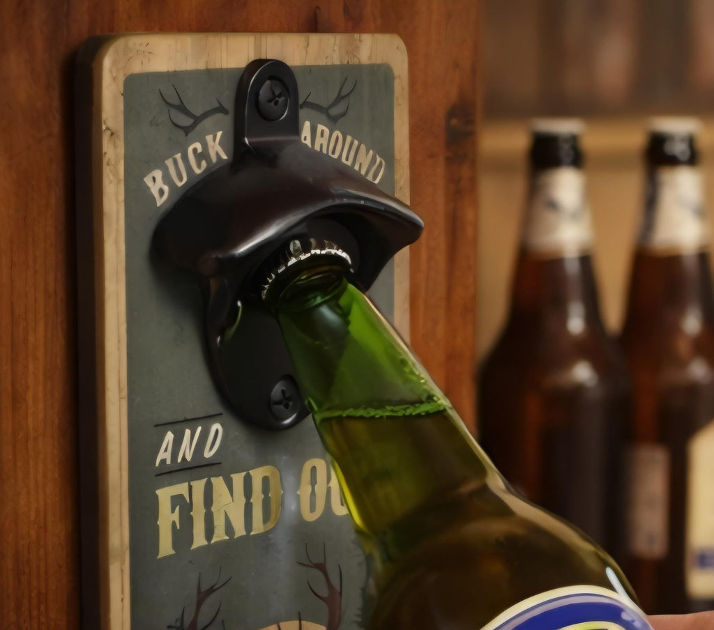 Rustic Deer Buck Wall Mounted Bottle Opener | Wood Cabin Bar Decor