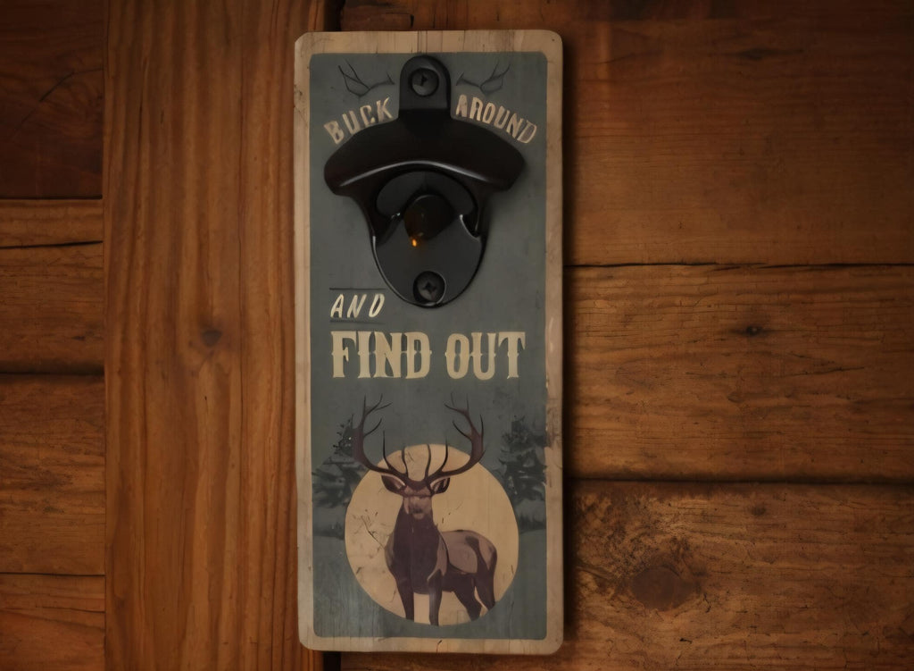 Rustic Deer Buck Wall Mounted Bottle Opener | Wood Cabin Bar Decor