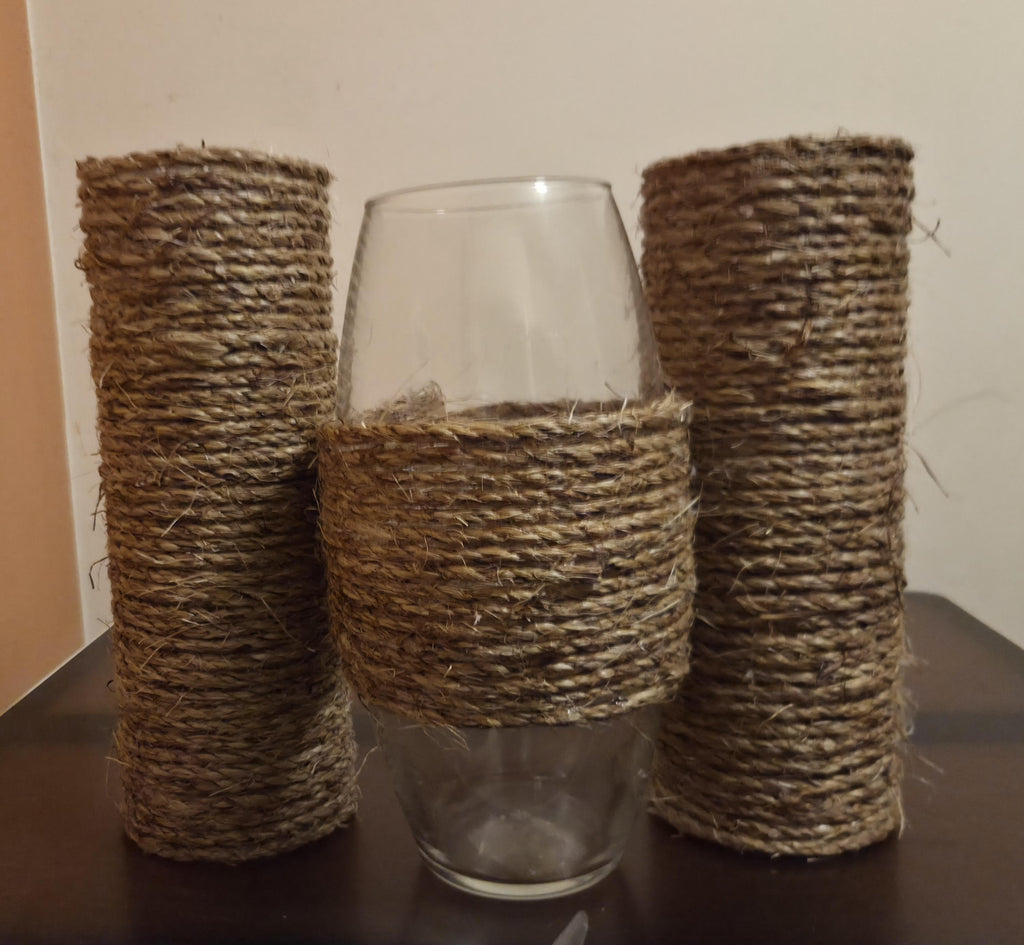 Set of 3 Twine Wrapped Glass Vases | Rustic Farmhouse Jute Rope Decor