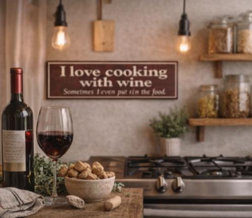 Funny Cooking With Wine Kitchen Sign | Rustic Farmhouse Wall Art