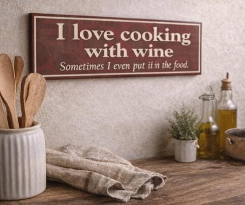 Funny Cooking With Wine Kitchen Sign | Rustic Farmhouse Wall Art