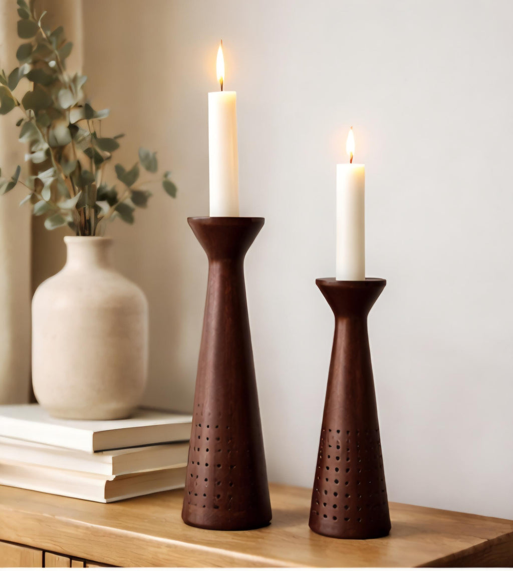 Modern Rustic Wooden Candle Holders | Tapered Farmhouse Table Centerpiece (Set of 2)