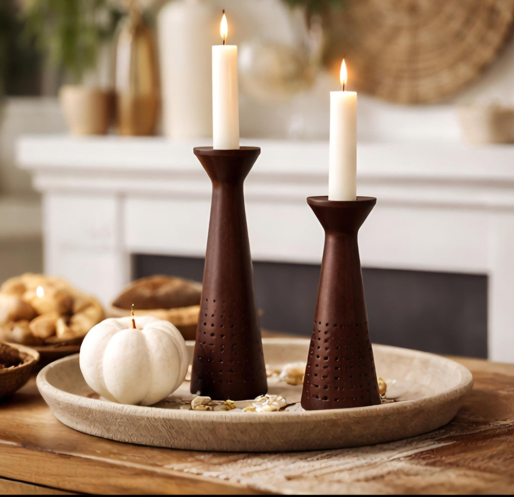 Modern Rustic Wooden Candle Holders | Tapered Farmhouse Table Centerpiece (Set of 2)