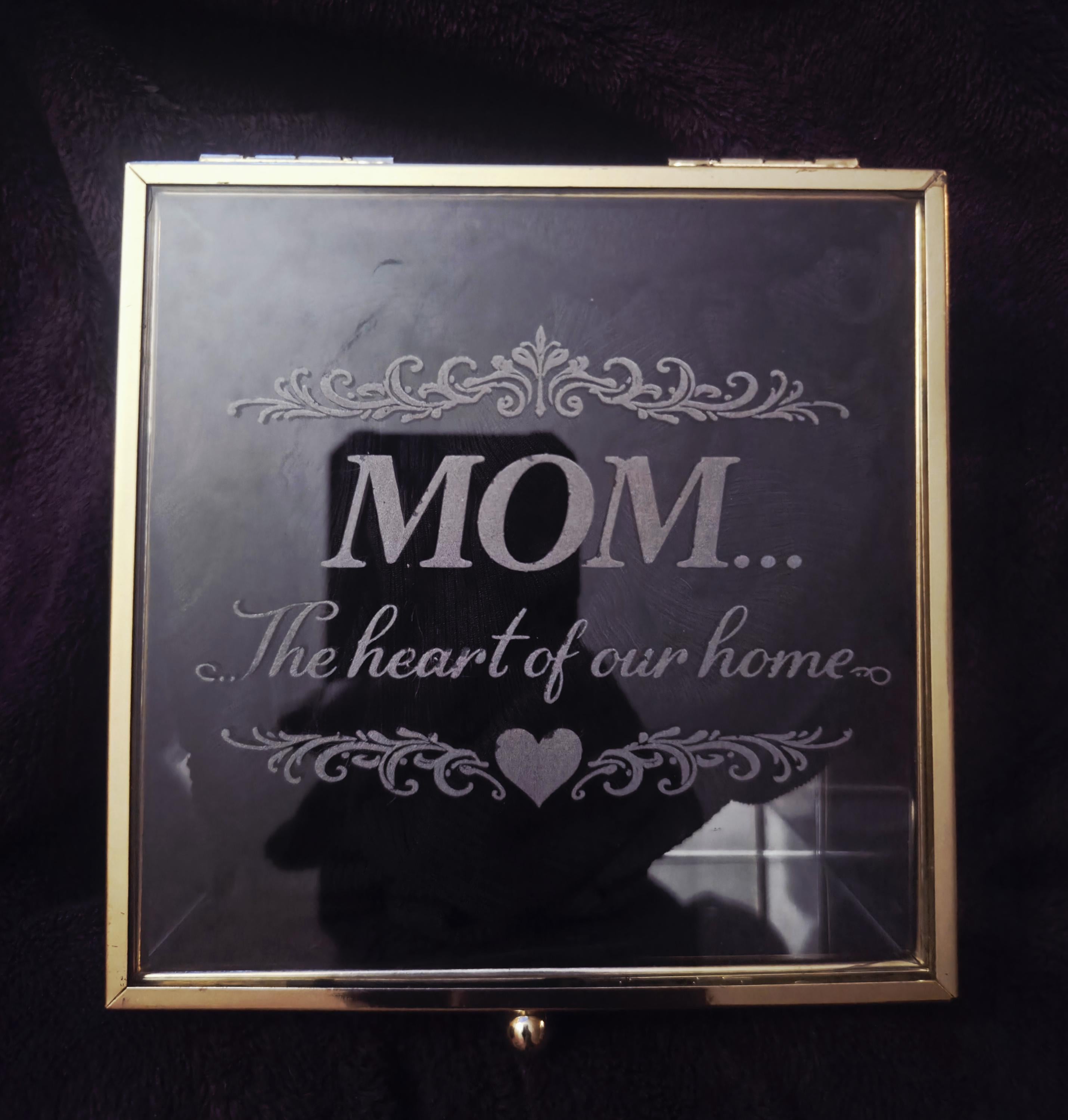 Engraved Glass Keepsake Box for Mom – “The Heart of Our Home” – 5x5 Memory Box