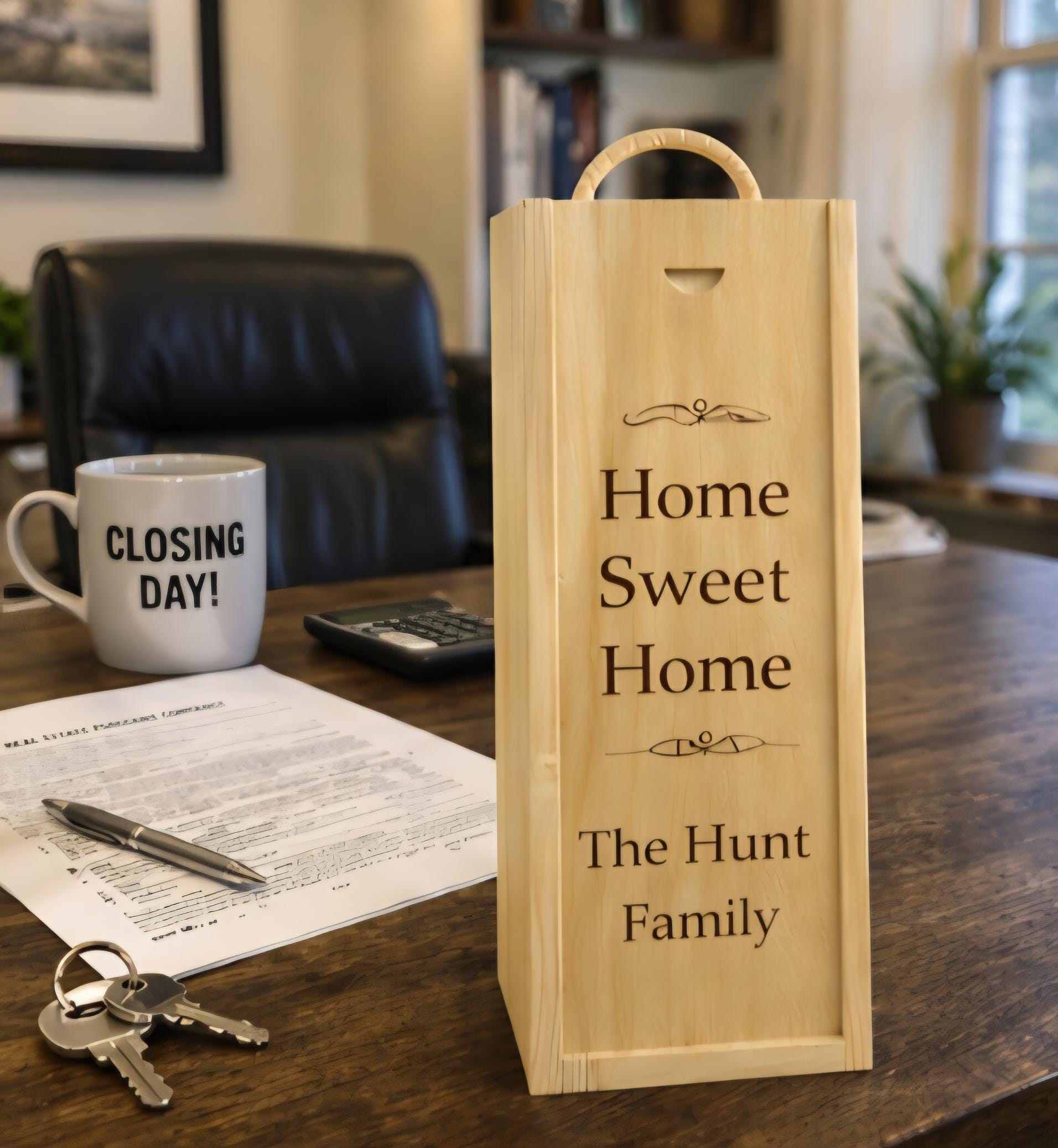 Custom Engraved Wood Wine Box | Realtor Closing Gift, Housewarming Present