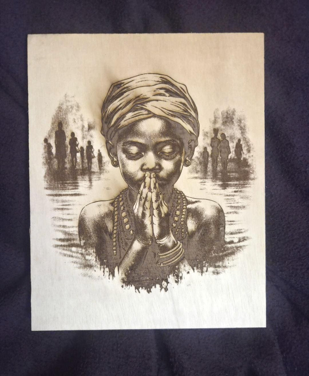 African Child Prayer Wood Engraving | 11x8 Spiritual Wall Art Panel II
