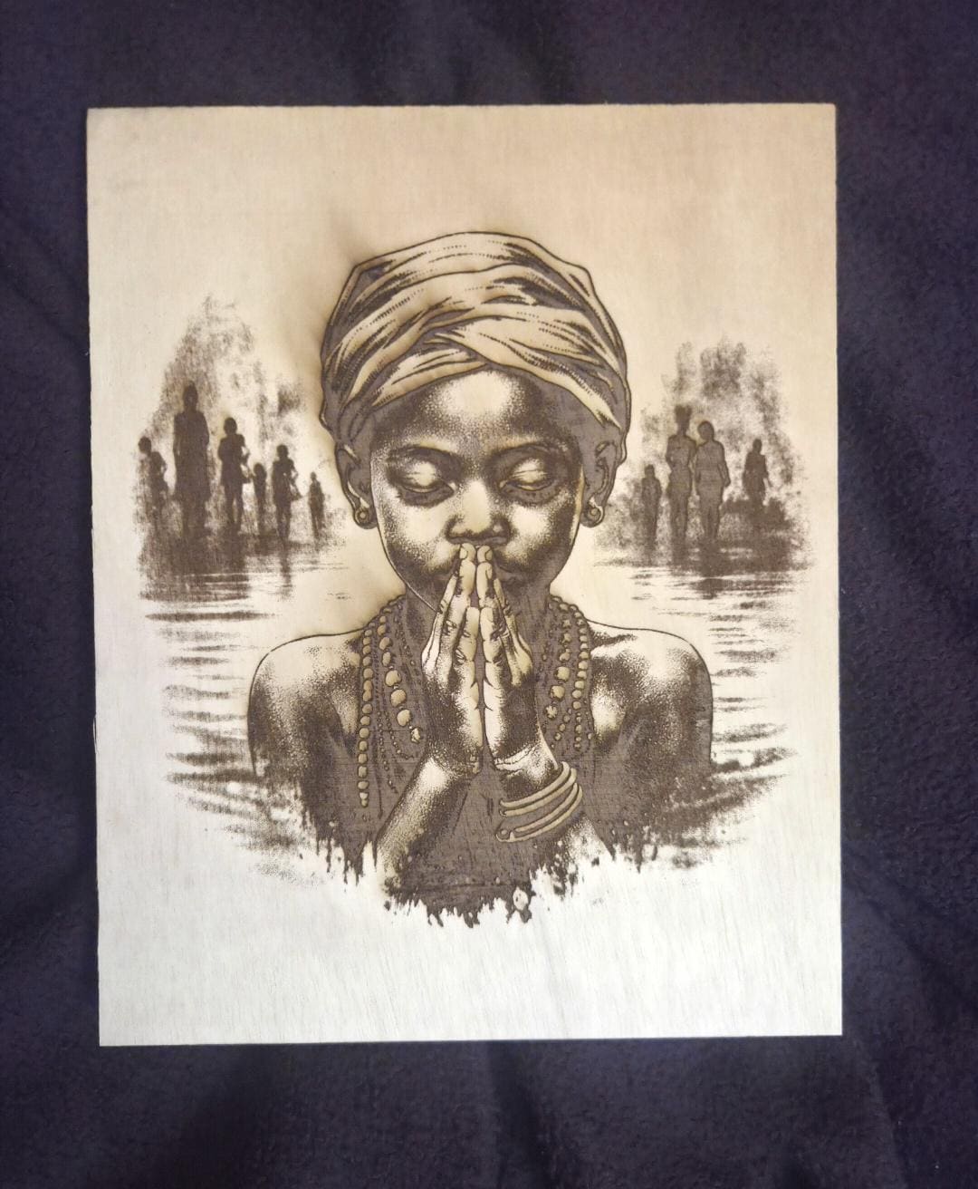 African Child Prayer Wood Engraving | 11x8 Spiritual Wall Art Panel II