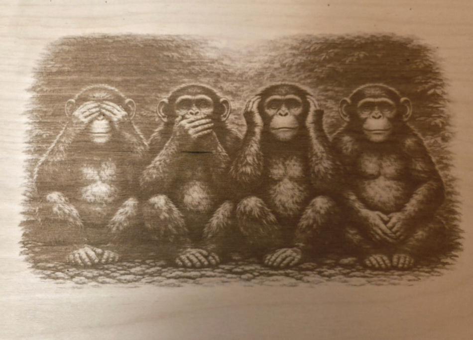Engraved Wood Panel Art | See No Evil Monkeys, Office Decor (16x12)