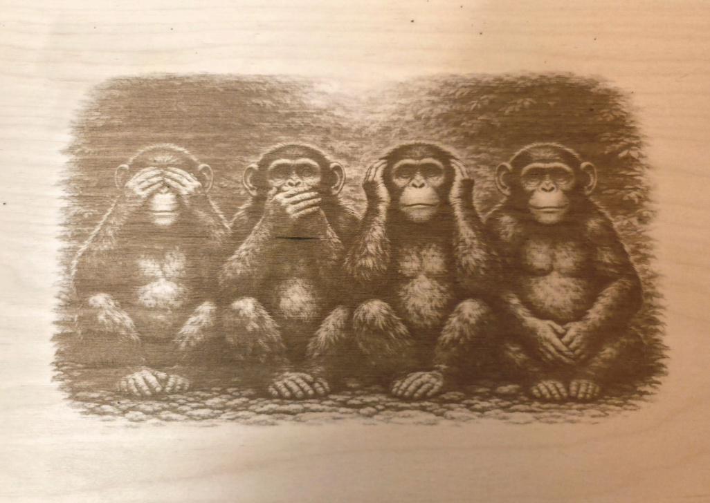 Engraved Wood Panel Art | See No Evil Monkeys, Office Decor (16x12)