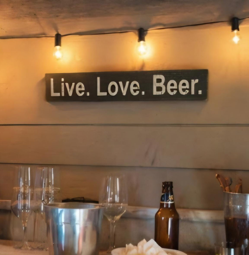 Live Love Beer Sign Shelf | Rustic Wooden Bar Decor, Man Cave Wall Accent