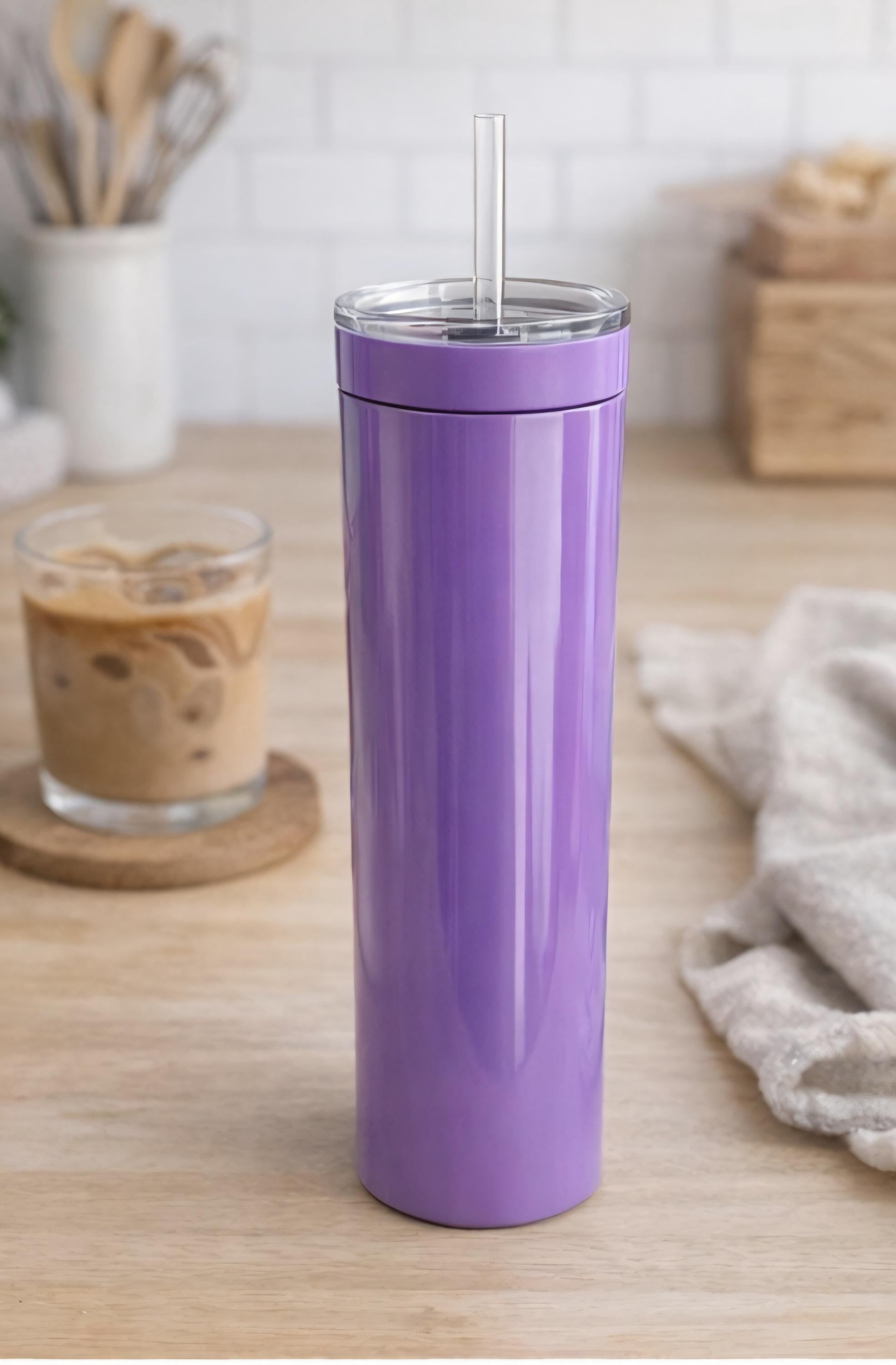 Purple 20oz Skinny Tumbler | Glossy Insulated Cup w/ Lid, Straw