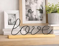 Minimalist Wire LOVE Sign | Black Metal Script, Natural Wood Base Decor