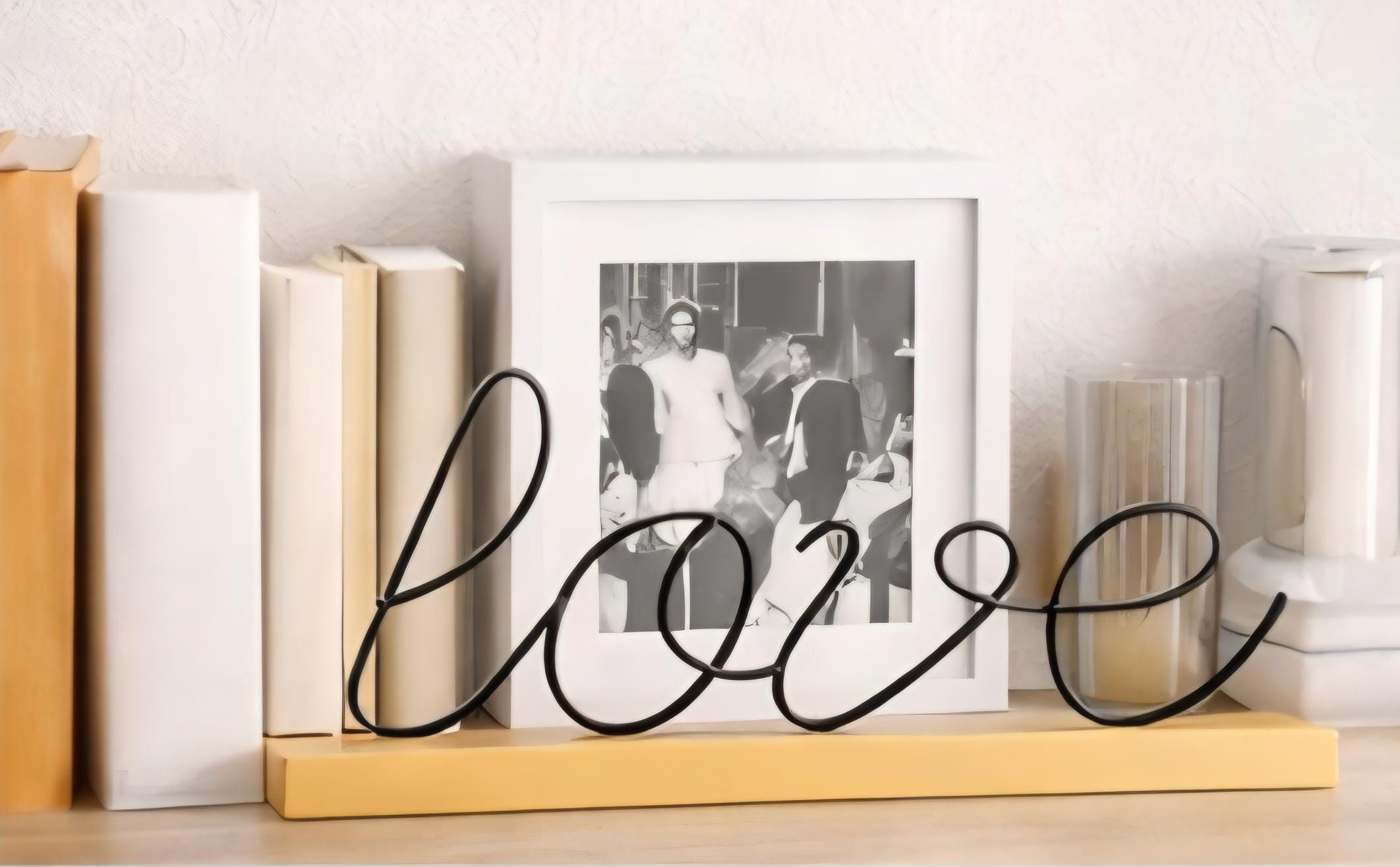 Minimalist Wire LOVE Sign | Black Metal Script, Natural Wood Base Decor