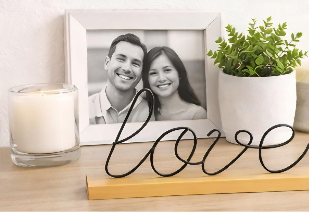 Minimalist Wire LOVE Sign | Black Metal Script, Natural Wood Base Decor