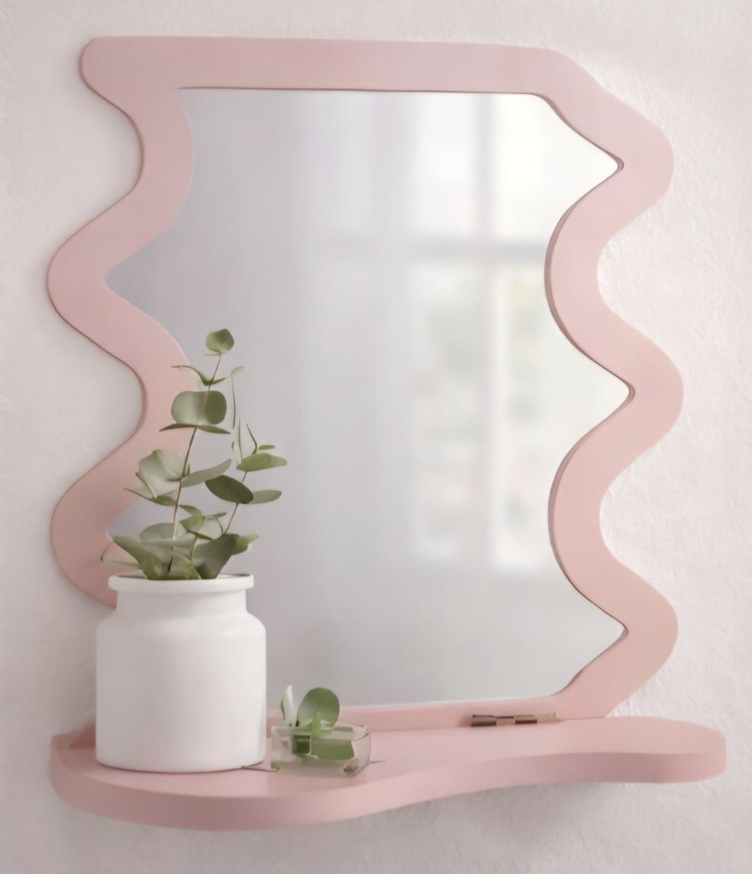 Pink Wavy Mirror Shelf | Reflective Vanity Accent Decor